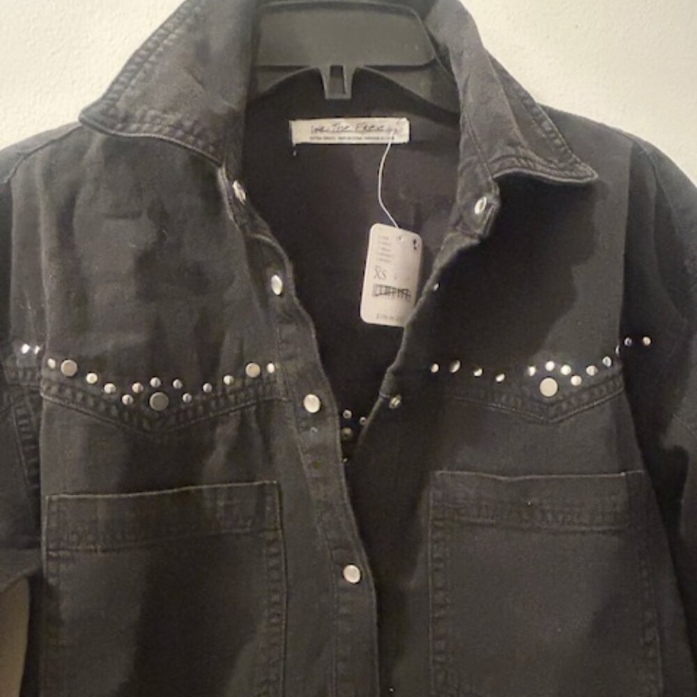 Free People We The Free Sleek Black Denim Silver Studded Distressed Dress NEW - Picture 5 of 16